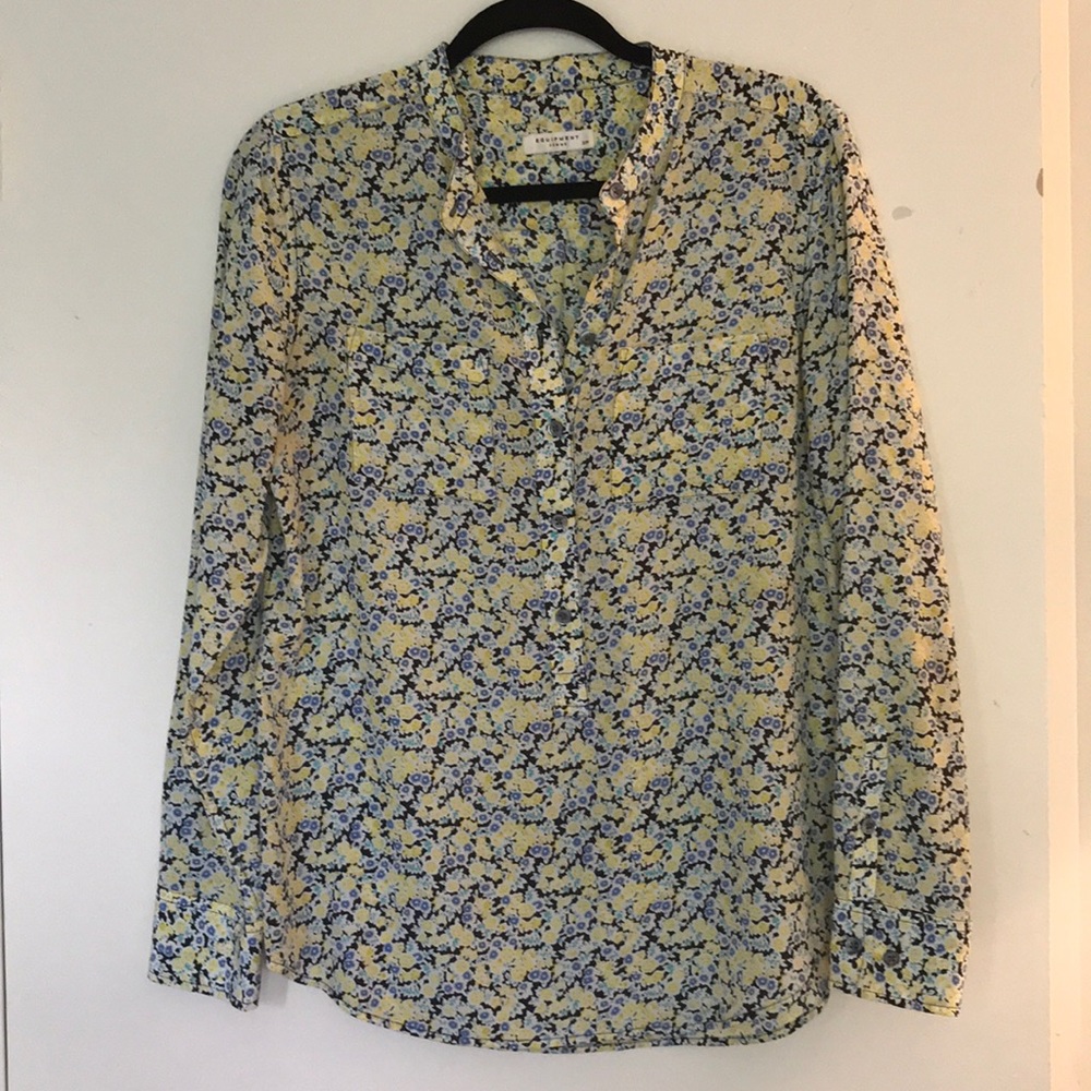 Equipment Femme Silk Yellow and Blue Floral Blouse